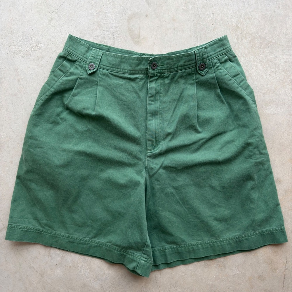 Lizsport Vintage High Waisted Pleated Shorts Green Cotton Womens 14